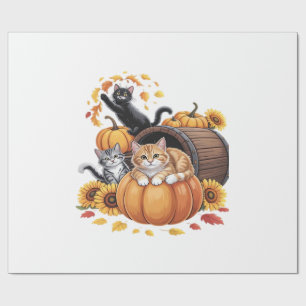 Cats Fall Autumn Pumpkins Thanksgiving Sunflower C Wrapping Paper