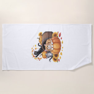Cats Fall Autumn Pumpkins Thanksgiving Sunflower O Beach Towel
