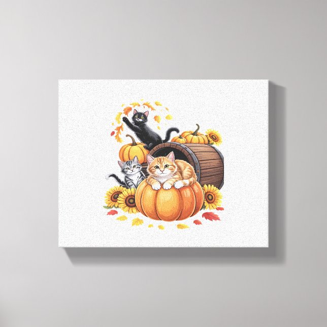Cats Fall Autumn Pumpkins Thanksgiving Sunflower O Canvas Print (Front)
