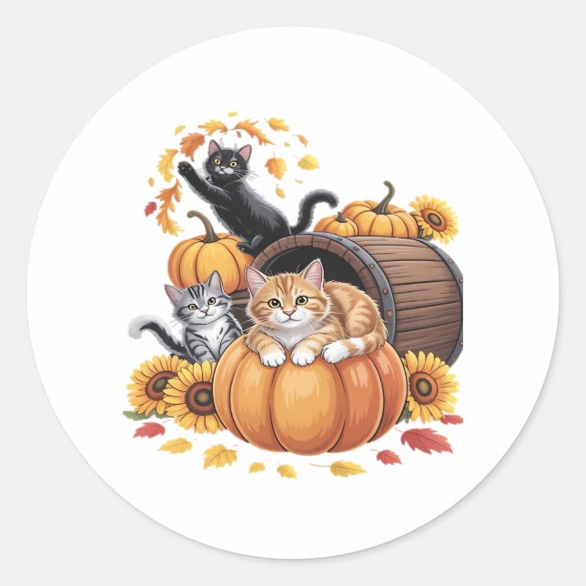 Cats Fall Autumn Pumpkins Thanksgiving Sunflower O Classic Round Sticker (Front)