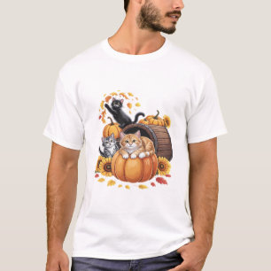 Cats Fall Autumn Pumpkins Thanksgiving Sunflower O T-Shirt