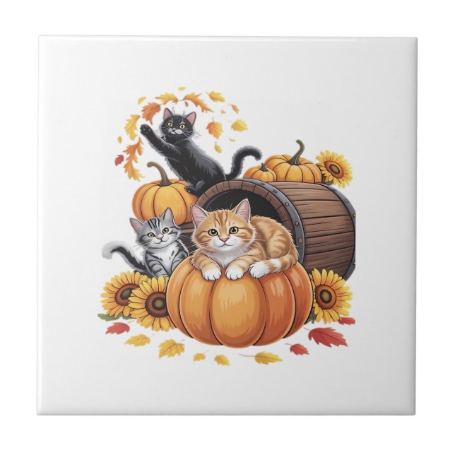Cats Fall Autumn Pumpkins Thanksgiving Sunflower O Tile (Front)