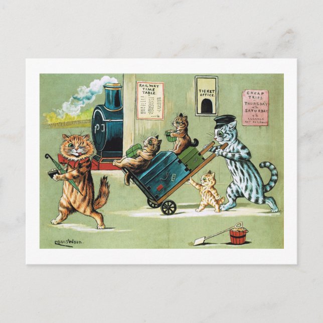 Cats Family's Train Travel, Louis Wain Postcard (Front)