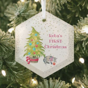 Cat's First Christmas Glass Ornament