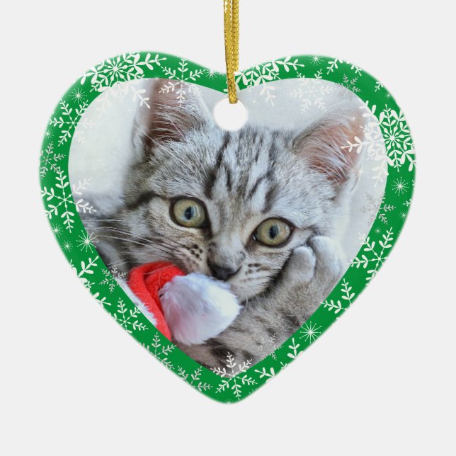 Cat's First Christmas Glitter Snowflakes Heart Ceramic Ornament (Front)