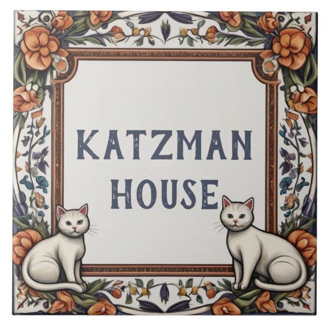 Cats & Flowers Custom House Name Plate Sign Plaque Tile (Front)