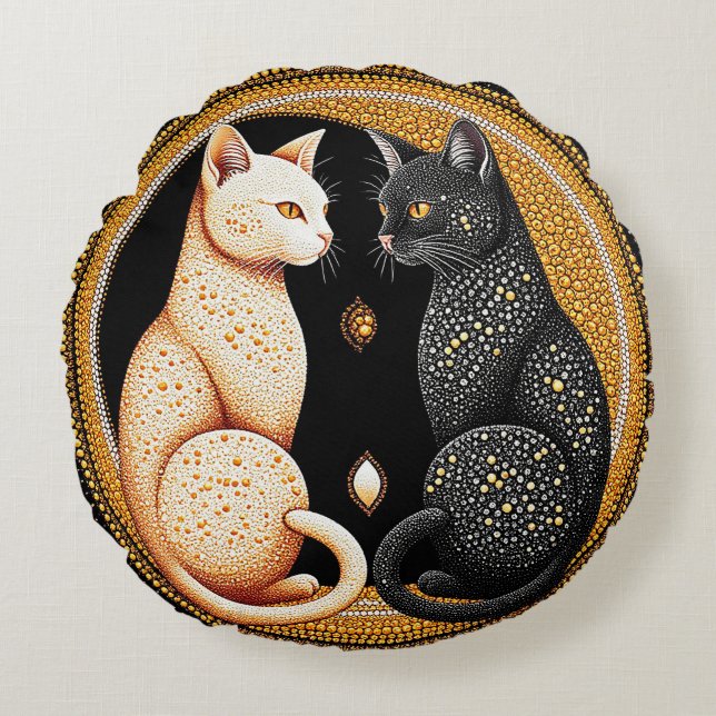 Cats Forming a Ying-Yang Inspired Composition Round Pillow (Front)