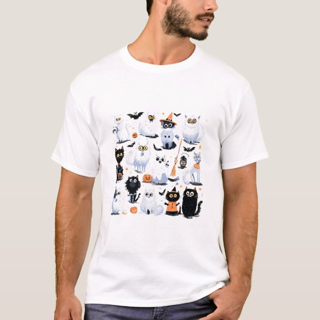 Cats Halloween Scene T-Shirt | Spooky Black Cat  (Front)