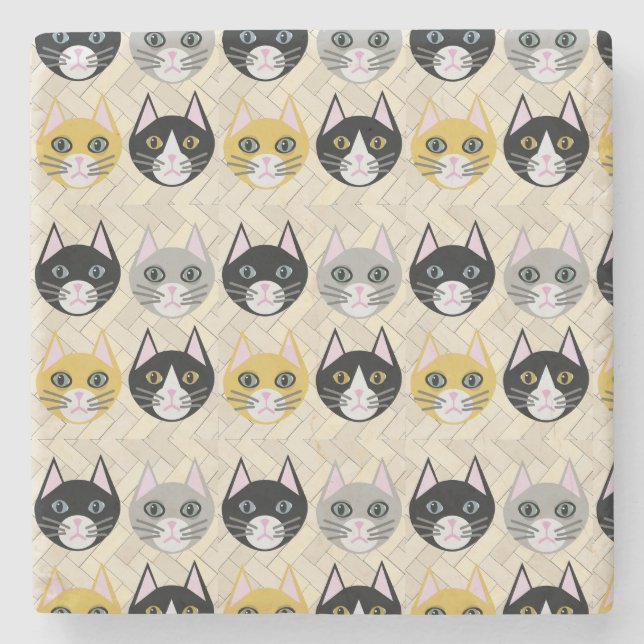 Cats Herringbone Beige Stone Coaster (Front)