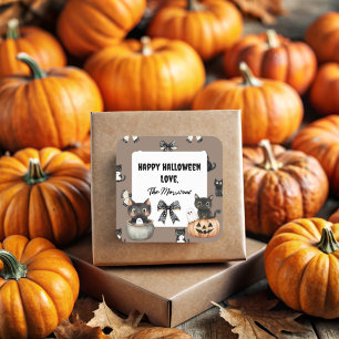 Cats Holding Ghosts on Black Halloween Gift Bag Square Sticker