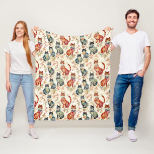 Cats in a Chinese Watercolor Pattern Fleece Blanket
