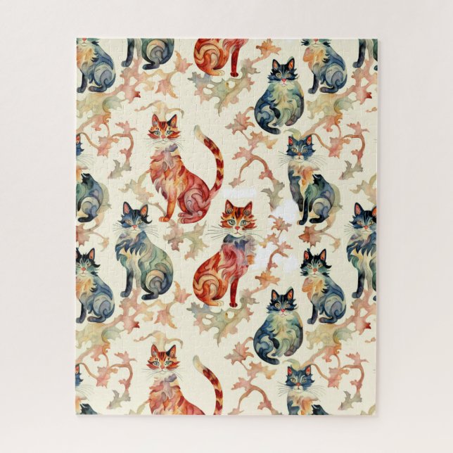 Cats in a Chinese Watercolor Pattern  Jigsaw Puzzle (Vertical)
