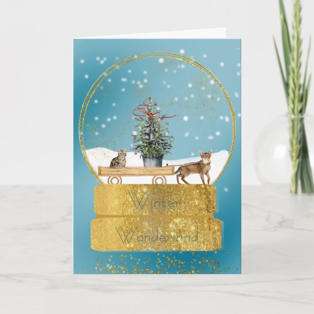 Cats in a Gold Snow Globe Christmas Card (Front)