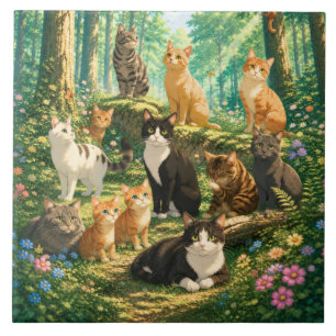 Cats in a Sunlit Woodland Garden Tile