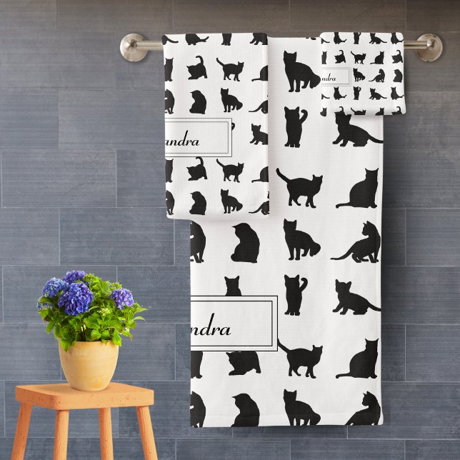 Cats in Black Silhouette Pattern with First Name Bath Towel Set (Creator Uploaded)