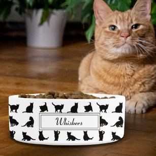  Cats in Black Silhouette Pattern with First Name Bowl
