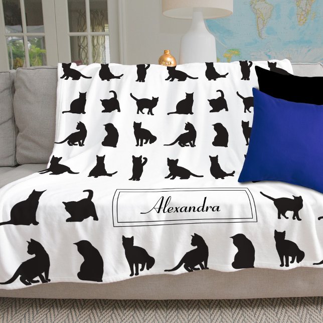  Cats in Black Silhouette Pattern with First Name Fleece Blanket (Creator Uploaded)
