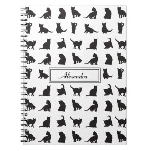 Cats in Black Silhouette Pattern with First Name Notebook