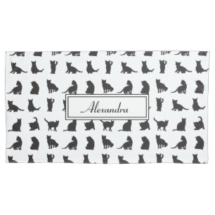 Cats in Black Silhouette Pattern with First Name Pillowcase