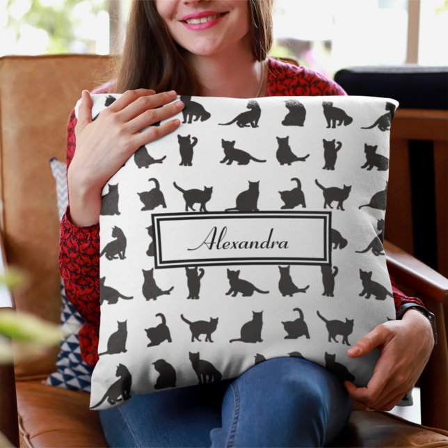 Cats in Black Silhouette Pattern with First Name Throw Pillow (Creator Uploaded)