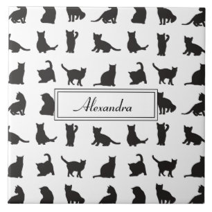 Cats in Black Silhouette Pattern with First Name Tile