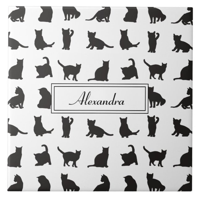 Cats in Black Silhouette Pattern with First Name Tile (Front)