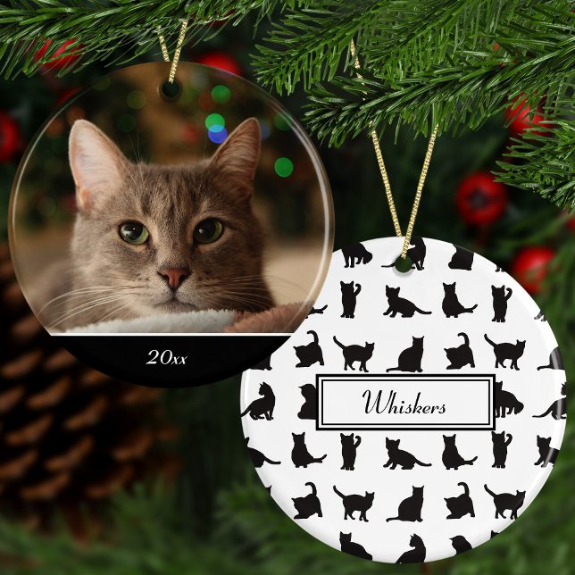 Cats in Black Silhouette w Name + Photo Christmas Ceramic Ornament (Creator Uploaded)