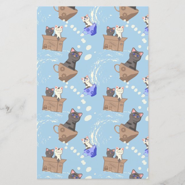 Cats in box and milk drops on blue (Front)