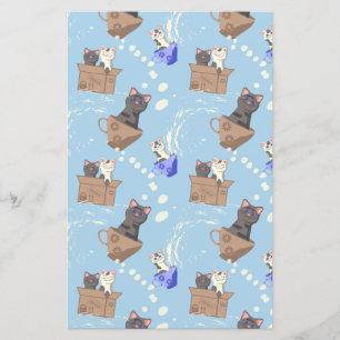 Cats in box and milk drops on blue