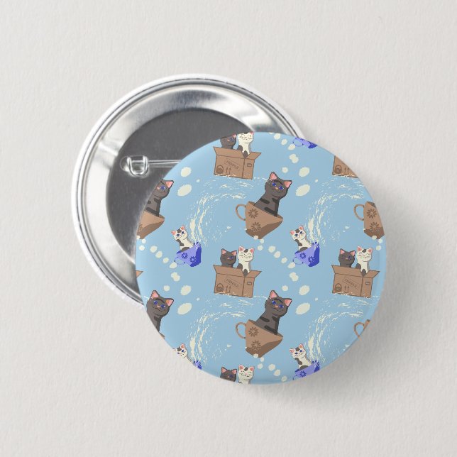 Cats in box and milk drops on blue 2 inch round button (Front & Back)