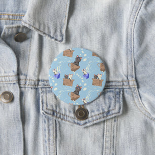 Cats in box and milk drops on blue 3 inch round button