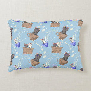 Cats in box and milk drops on blue accent pillow
