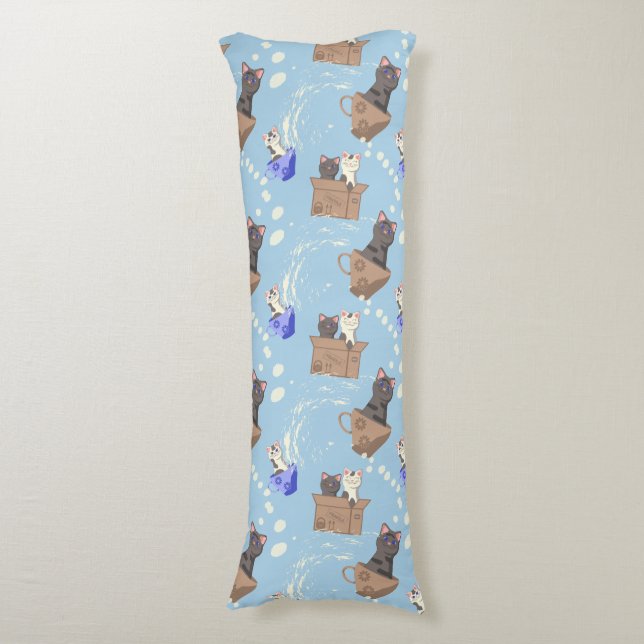 Cats in box and milk drops on blue body pillow (Front Vertical)