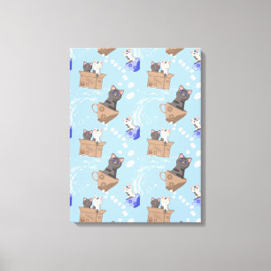 Cats in box and milk drops on blue canvas print