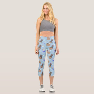 Cats in box and milk drops on blue capri leggings