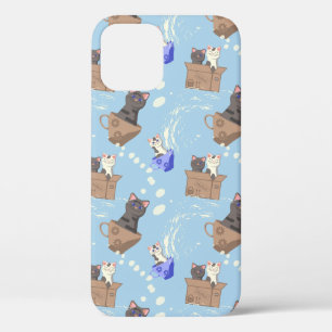 Cats in box and milk drops on blue iPhone 12 case