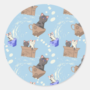 Cats in box and milk drops on blue classic round sticker