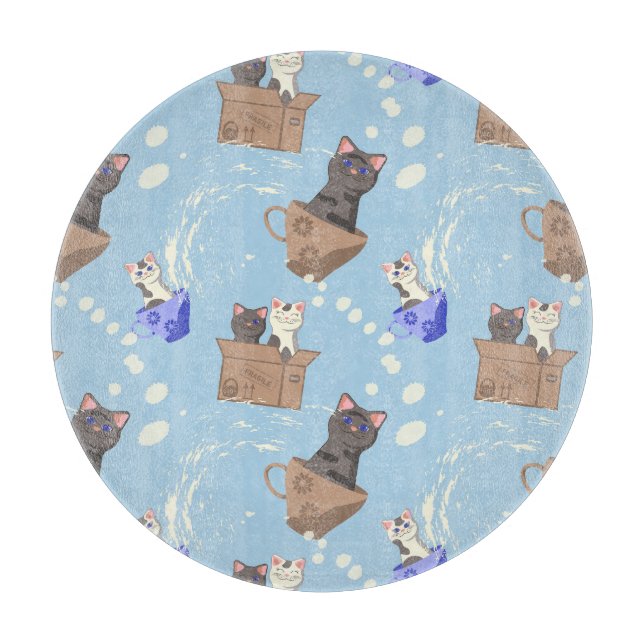 Cats in box and milk drops on blue cutting board (Front)