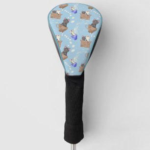 Cats in box and milk drops on blue golf head cover