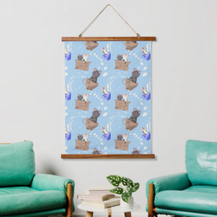 Cats in box and milk drops on blue hanging tapestry
