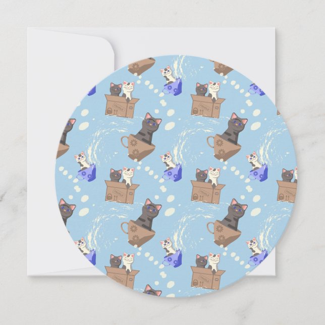 Cats in box and milk drops on blue holiday card (Front)