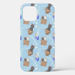 Cats in box and milk drops on blue iPhone 12 case