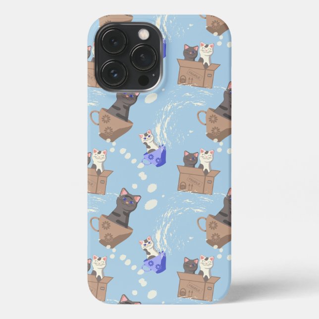 Cats in box and milk drops on blue iPhone case (Back)