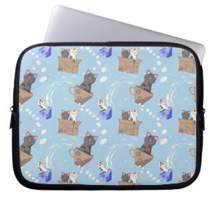 Cats in box and milk drops on blue laptop sleeve