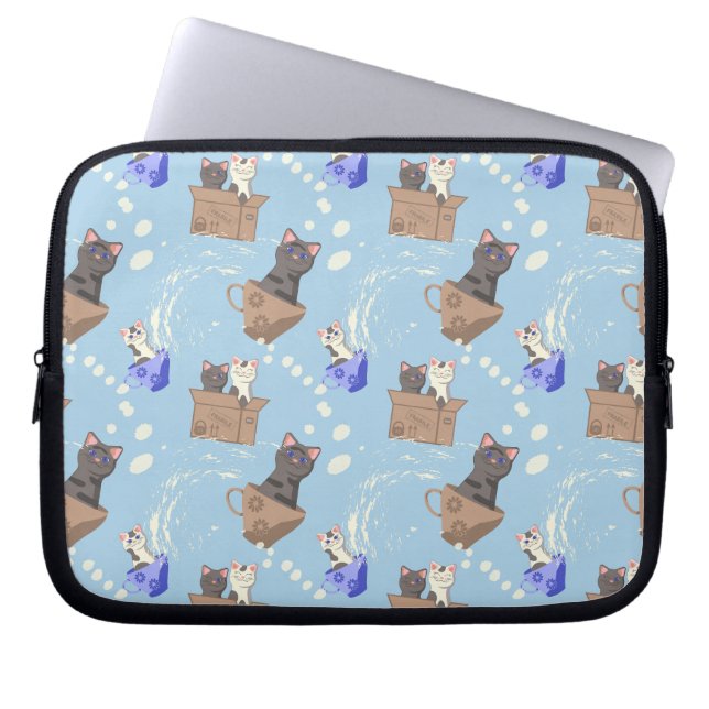 Cats in box and milk drops on blue laptop sleeve (Front)