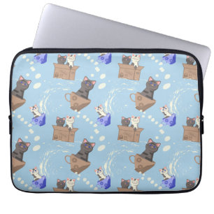 Cats in box and milk drops on blue laptop sleeve
