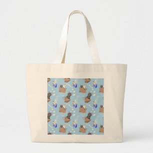 Cats in box and milk drops on blue large tote bag