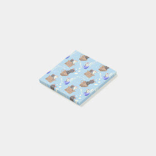 Cats in box and milk drops on blue post-it notes
