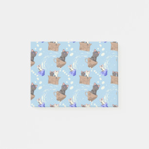 Cats in box and milk drops on blue post-it notes