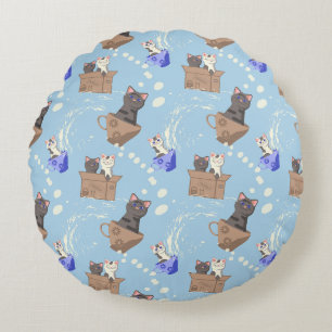 Cats in box and milk drops on blue round pillow
